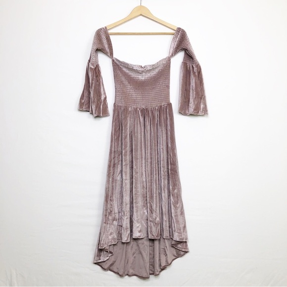 On The Road Blush Pink Velvet Off The Shoulder smocked Dress - Picture 1 of 12